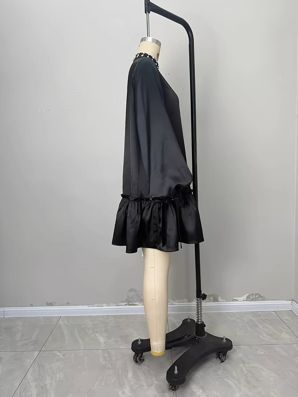 Pearl-Embellished Mock Neck Ruffle Hem Dress - alternate view 6