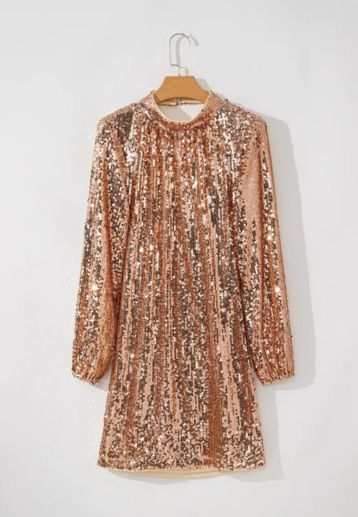 Backless Sequin Mock Neck Long Sleeve Mini Dress - alternate view 3