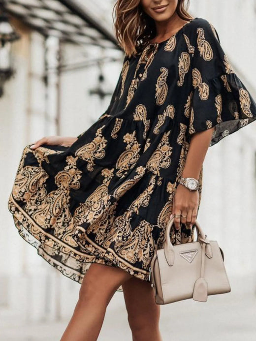 Paisley Print Tie Neck Half Sleeve Mini Dress - alternate view 4