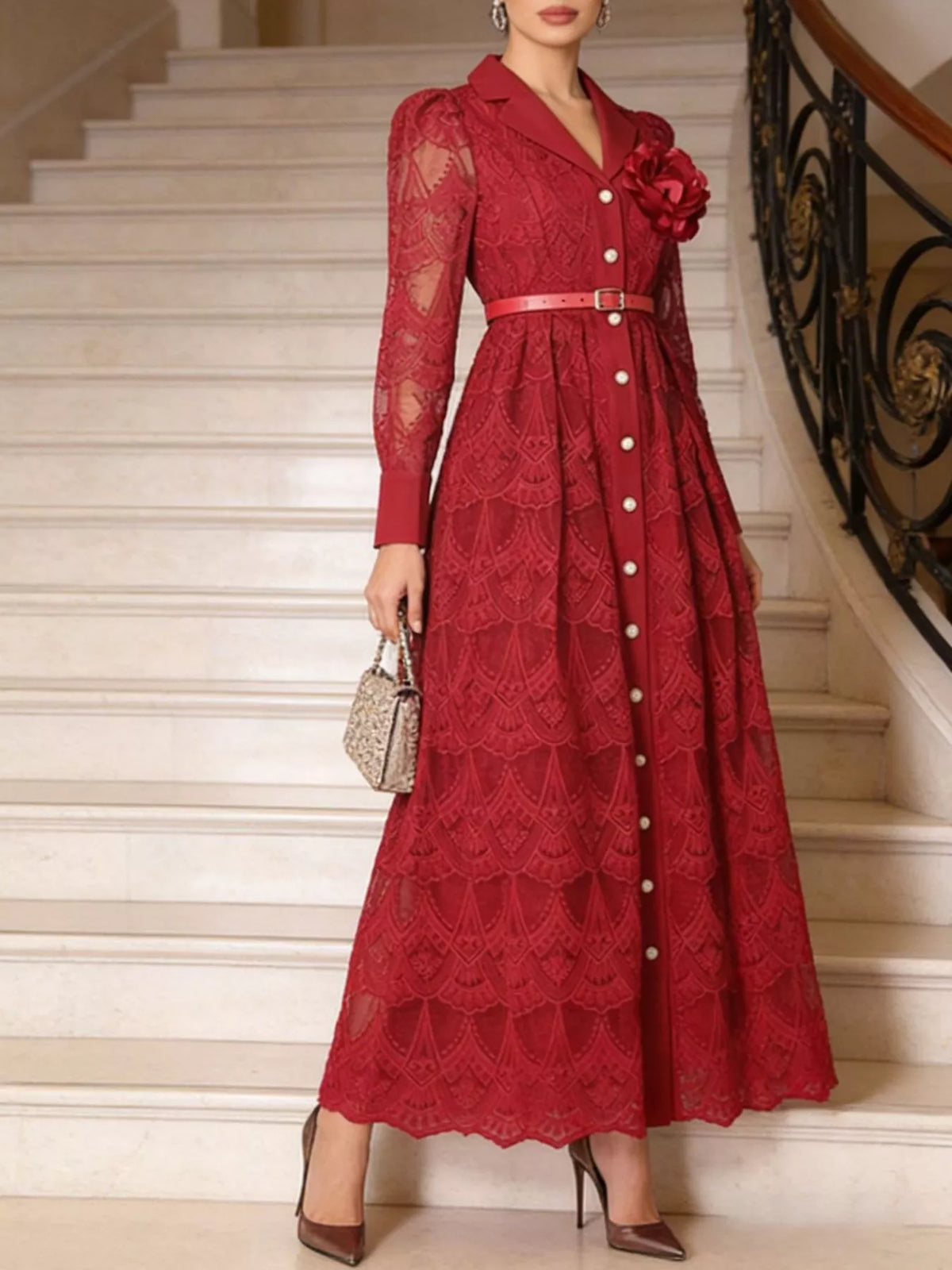 Lace Button Front Midi Dress - alternate view 6