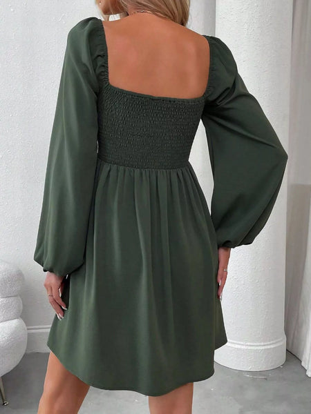 Ruched Square Neck Long Sleeve A-Line Dress - alternate view 9