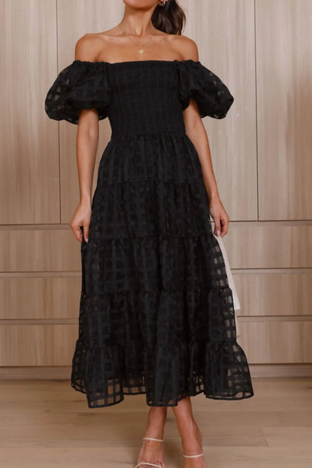 Off Shoulder Short Puff Sleeve Midi Dress - alternate view 17