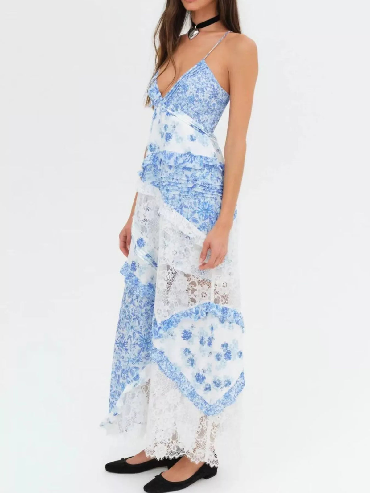 Lace Floral Print Ruffle Trim Maxi Dress - alternate view 6