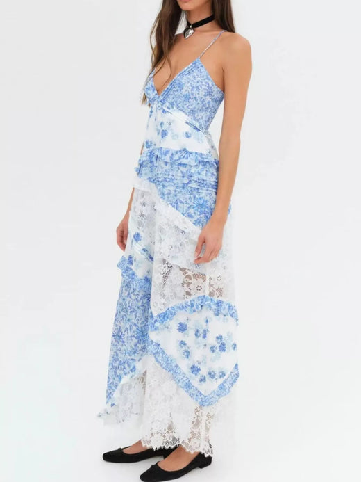 Lace Floral Print Ruffle Trim Maxi Dress - alternate view 6