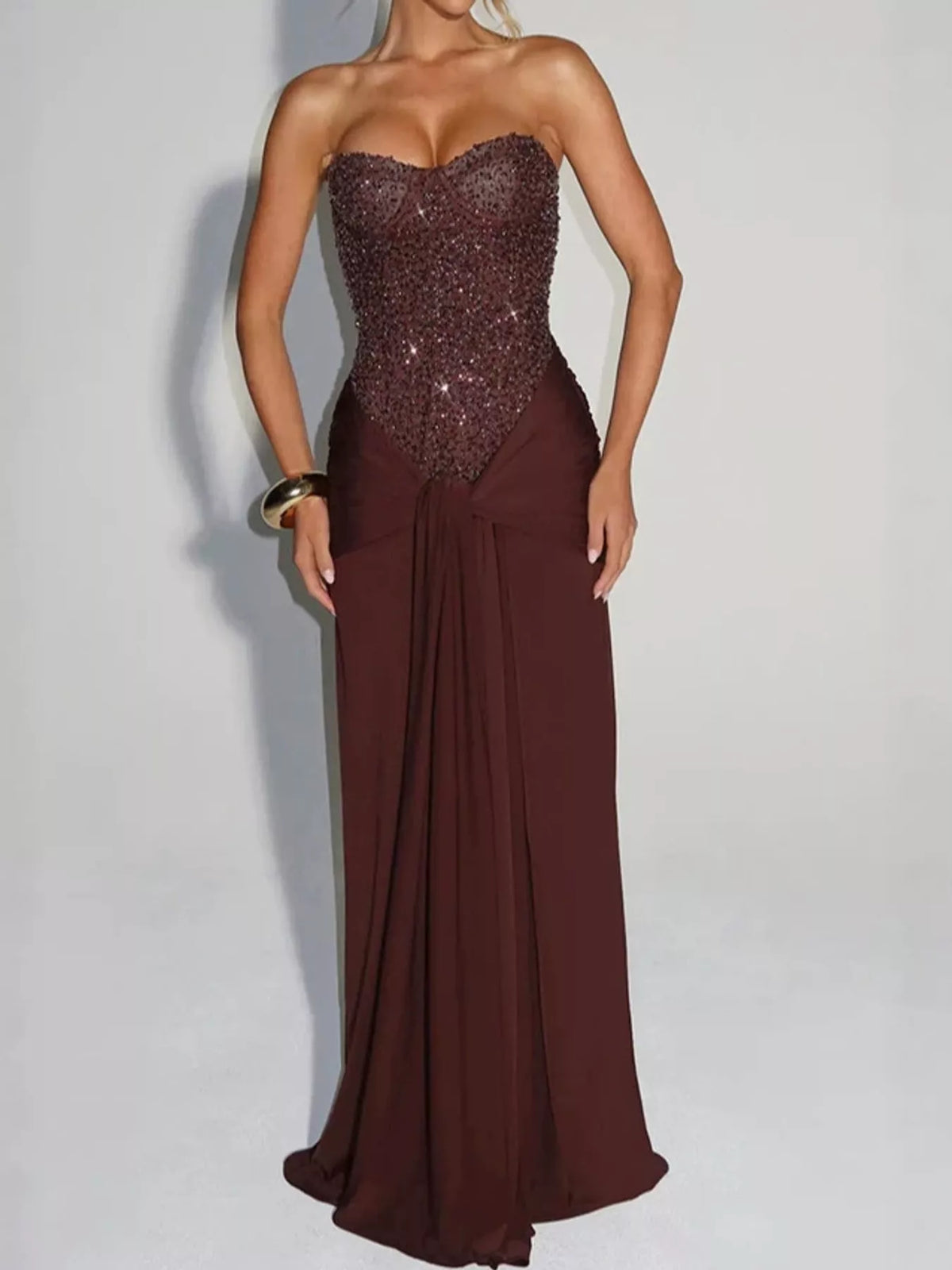 Elegant Strapless Sequin Corset Maxi Dress with Draped Waist Detail - alternate view 36