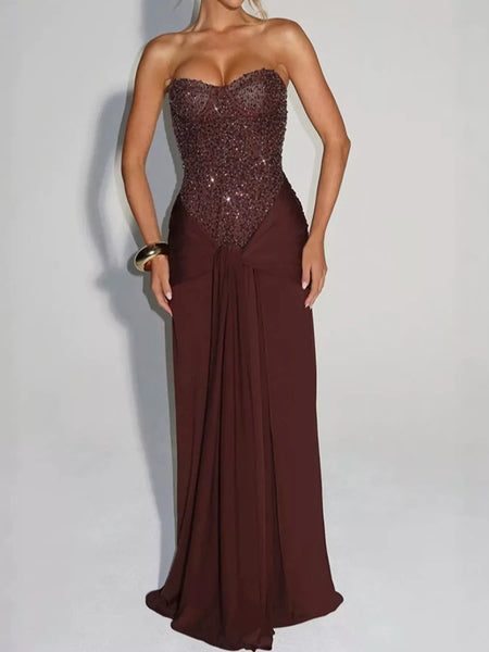 Elegant Strapless Sequin Corset Maxi Dress with Draped Waist Detail - alternate view 36