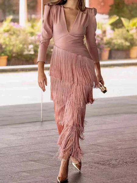 Fringed V-Neck Puff Sleeve Maxi Dress - alternate view 13