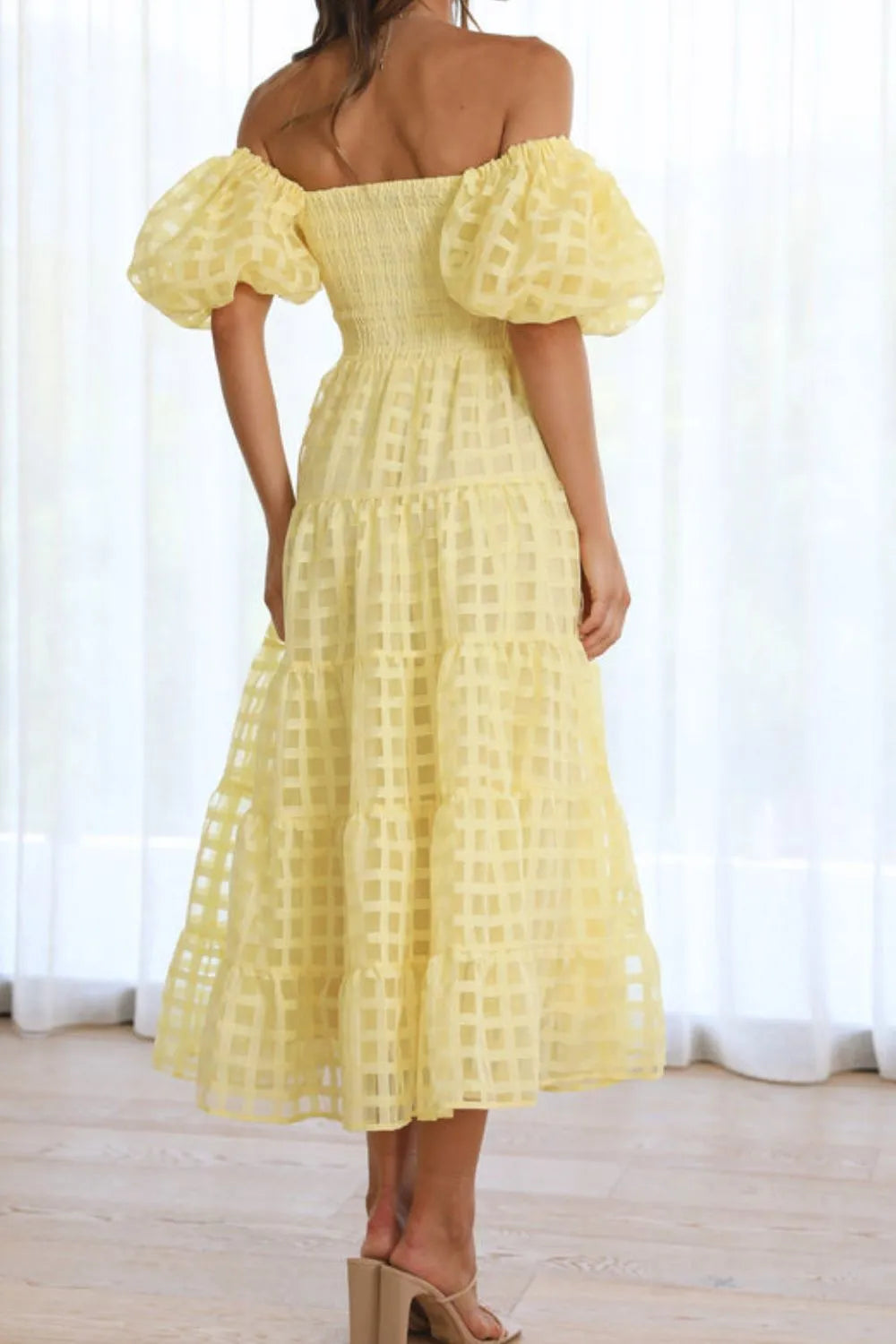 Off Shoulder Short Puff Sleeve Midi Dress - alternate view 11