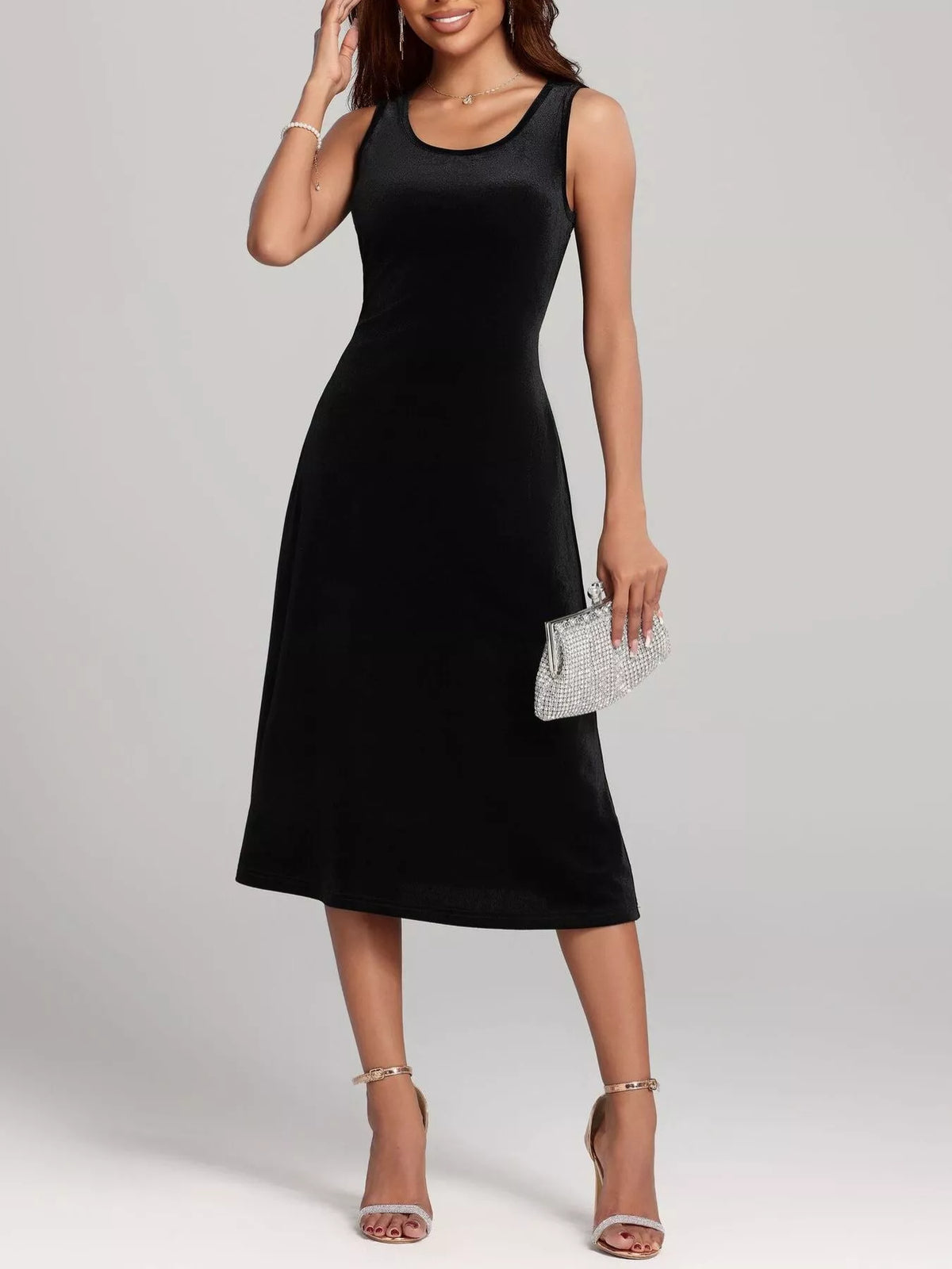 Round Neck Sleeveless Velvet A-Line Midi Dress - alternate view 3