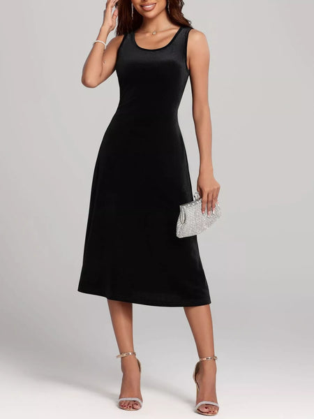 Round Neck Sleeveless Velvet A-Line Midi Dress - alternate view 3