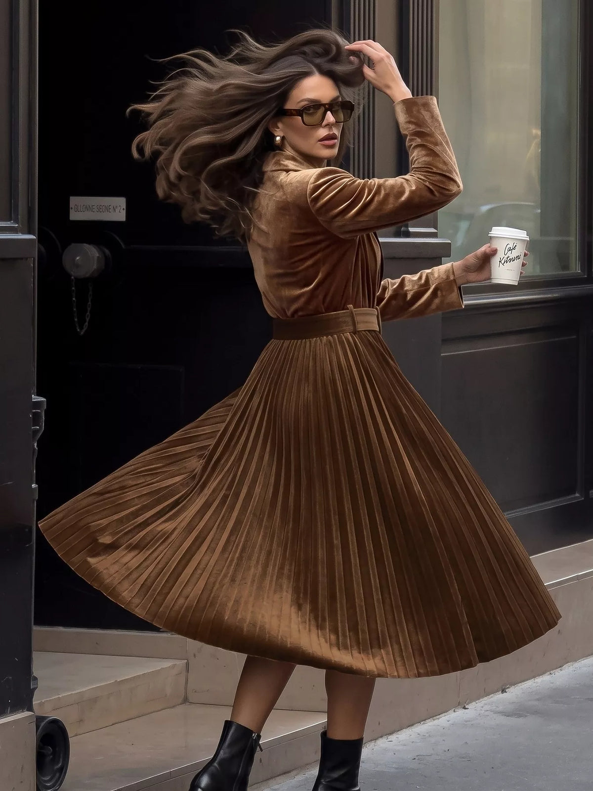 Velvet Pleated Midi Blazer Dress - alternate view 2