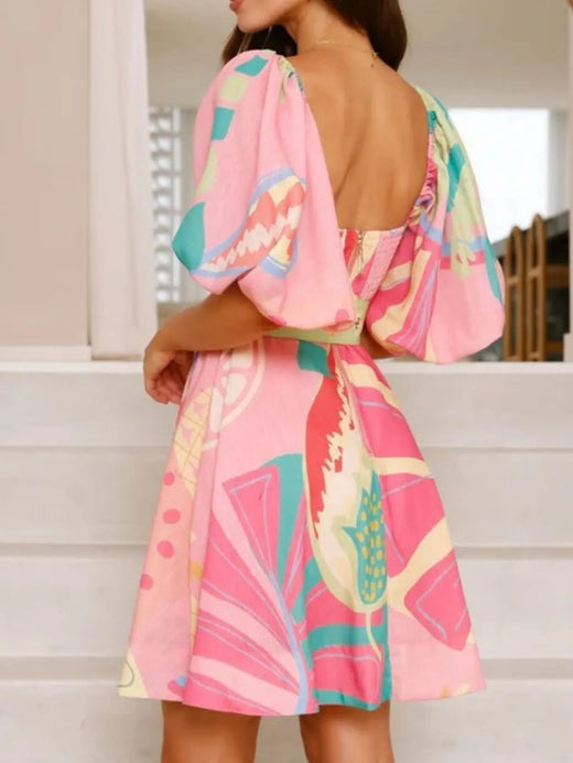 Printed Square Neck Puff Sleeve Dress - alternate view 3