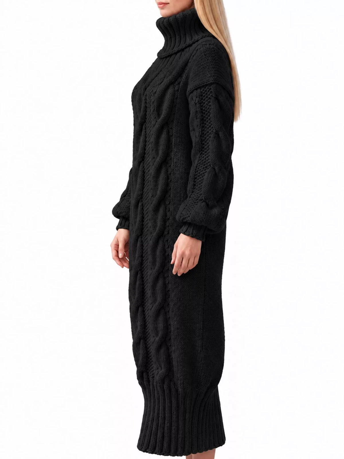 Full Size Oversized Chunky Cable Knit Turtleneck Sweater Dress Plus Size - alternate view 15
