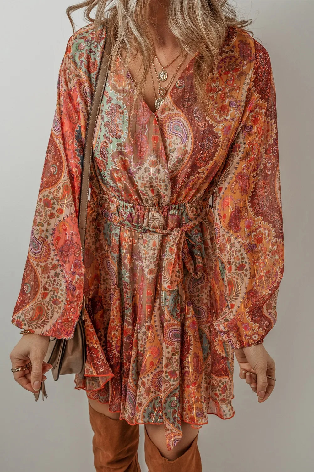 Tied Printed Balloon Sleeve Mini Dress - alternate view 4