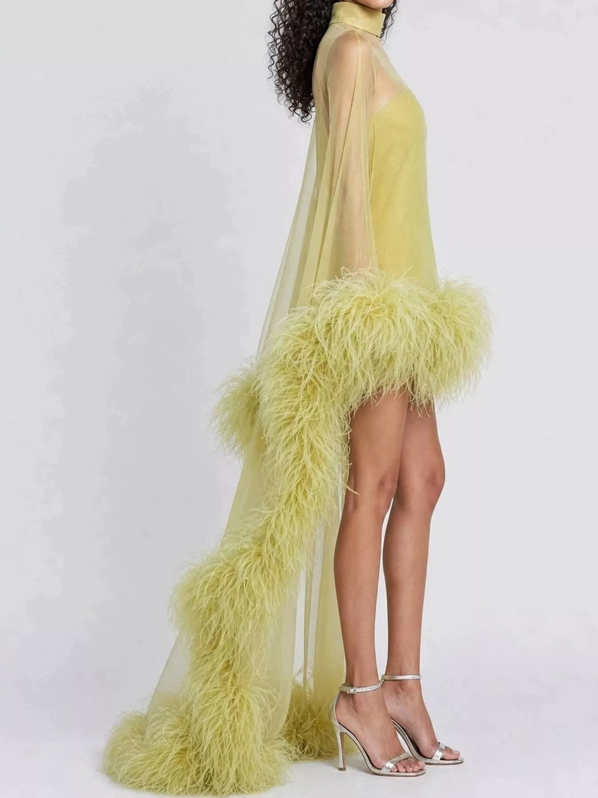 Feather-Trimmed Sheer Mock Neck Mini Dress - alternate view 3