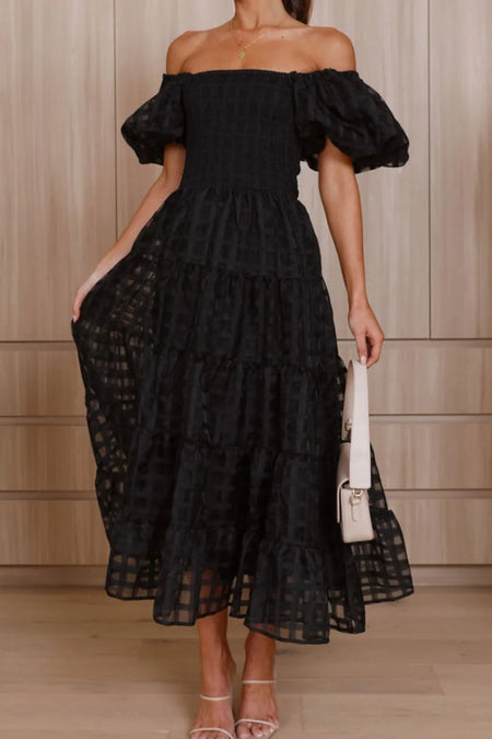 Off Shoulder Short Puff Sleeve Midi Dress - alternate view 18