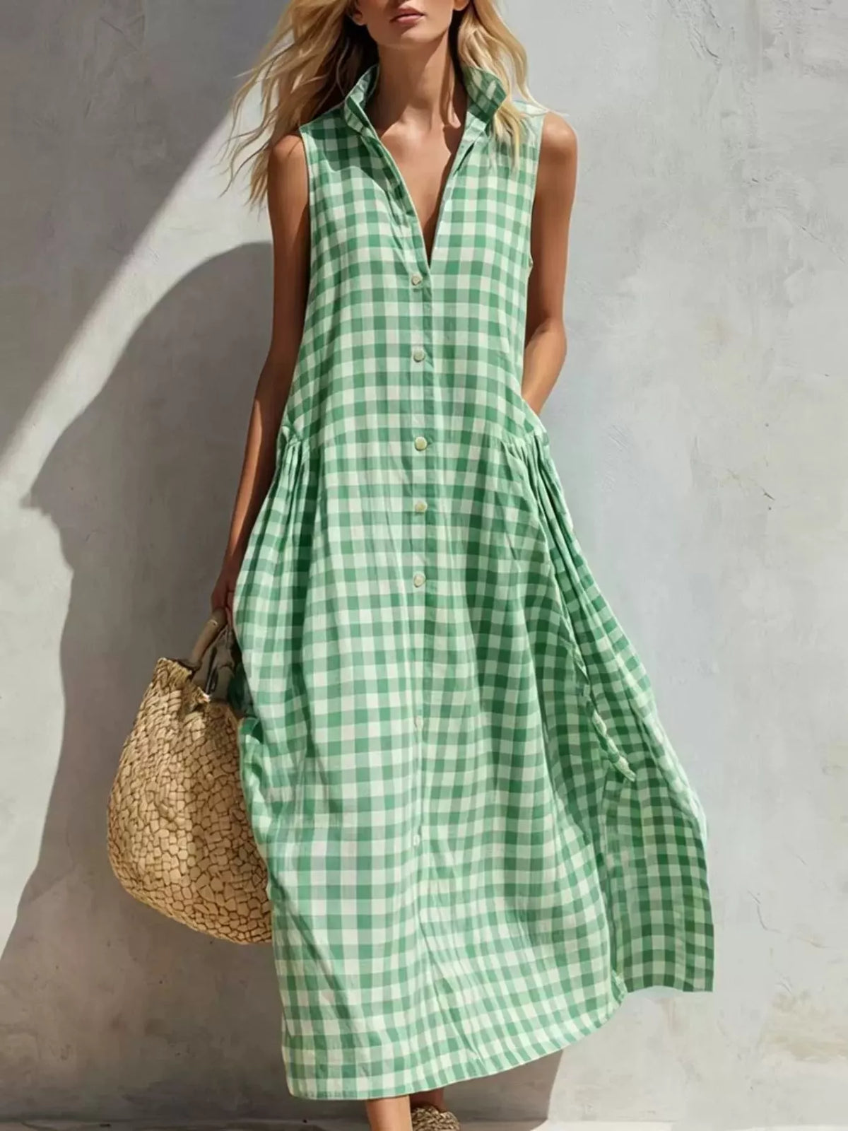 Full Size Sleeveless Gingham Button-Down Midi Dress Plus Size - alternate view 9