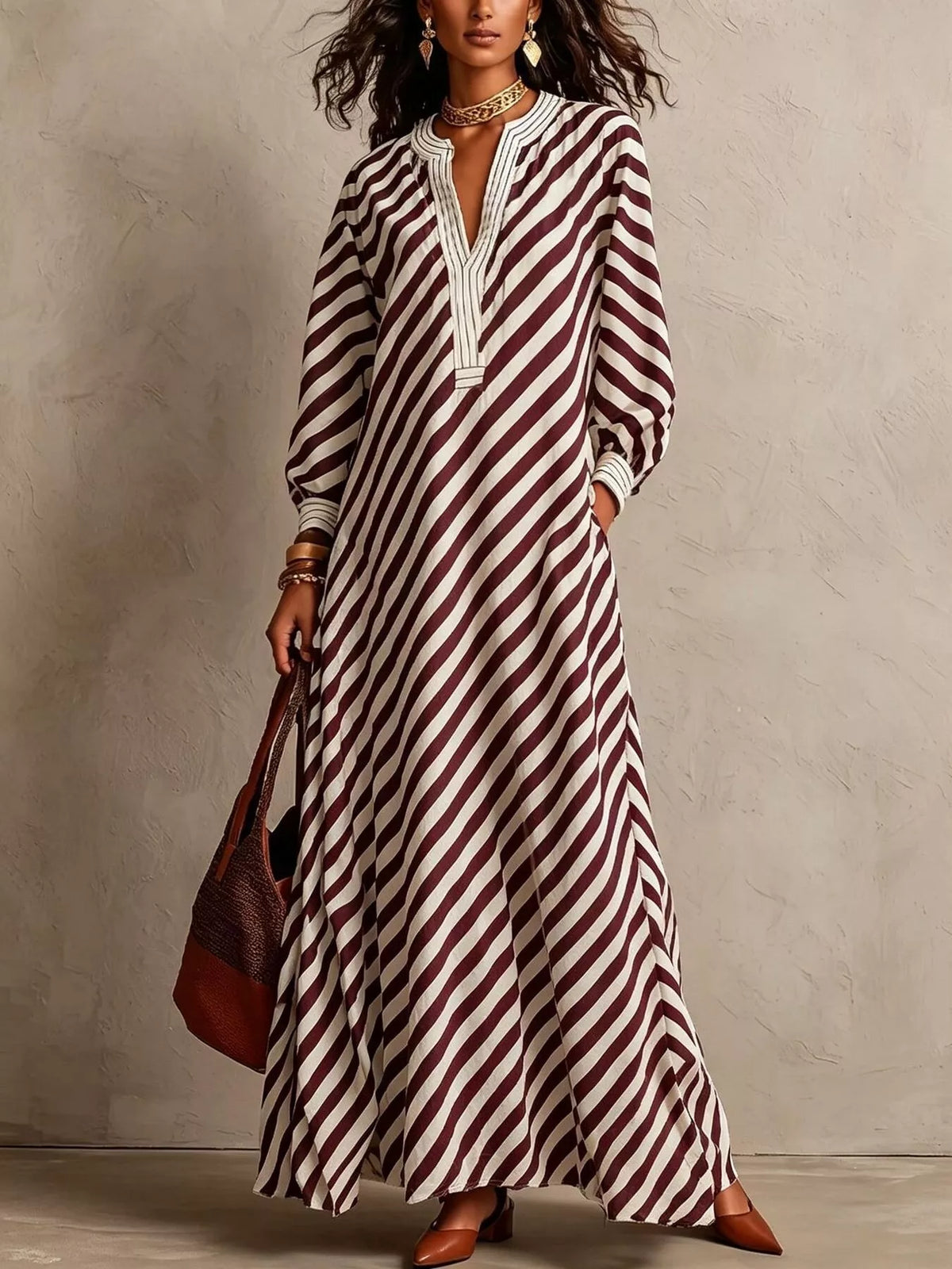 Striped Long Sleeves Maxi Dress - alternate view 4
