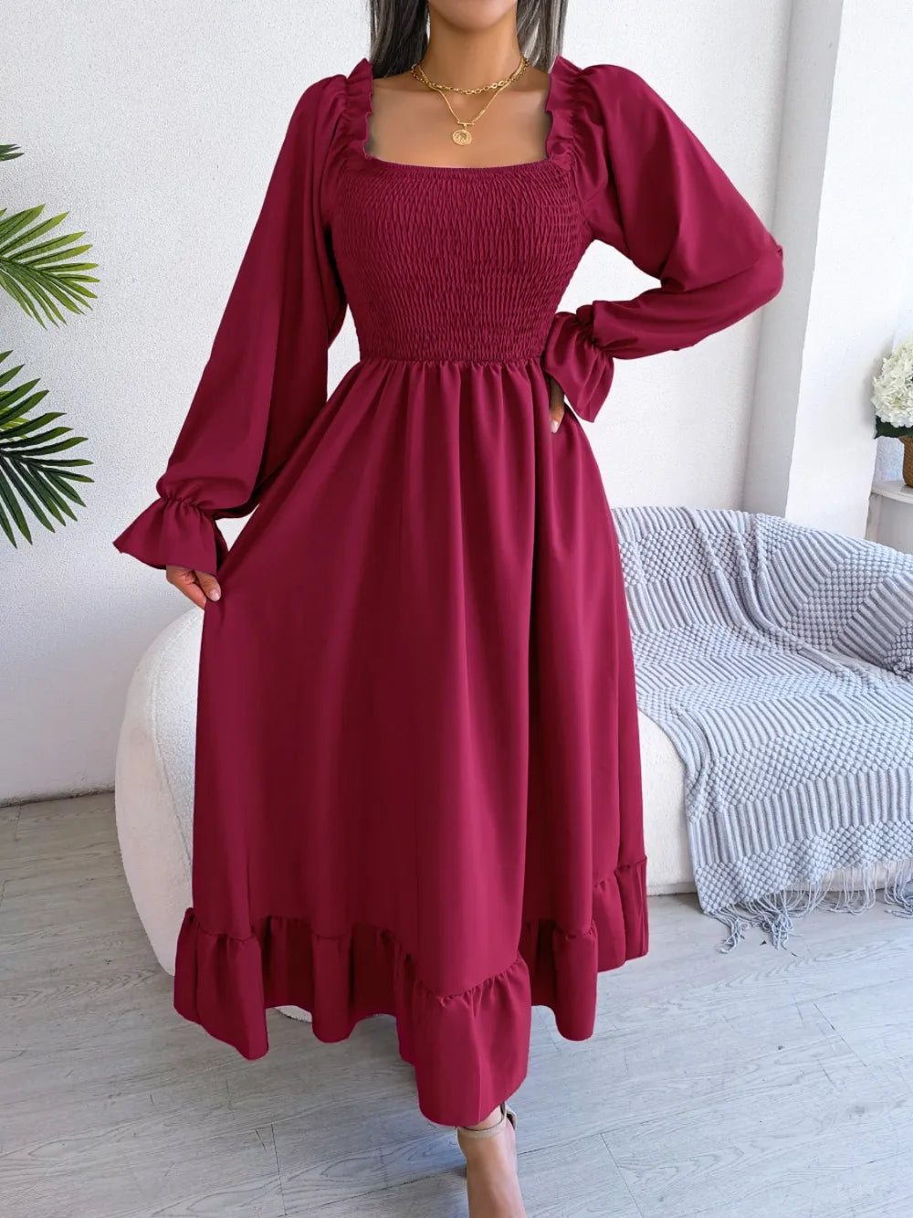 Smocked Square Neck Flounce Sleeve Dress - alternate view 7