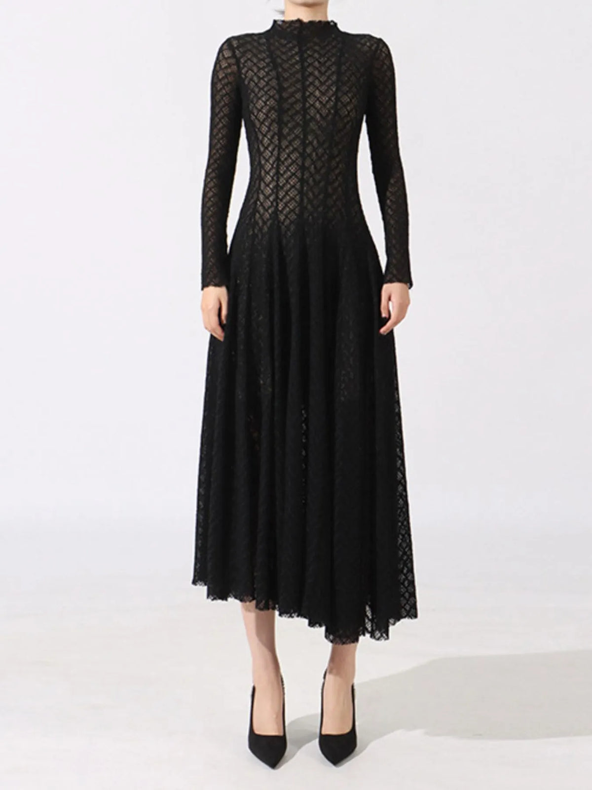 Lace Mock Neck Long Sleeve Dress - alternate view 3