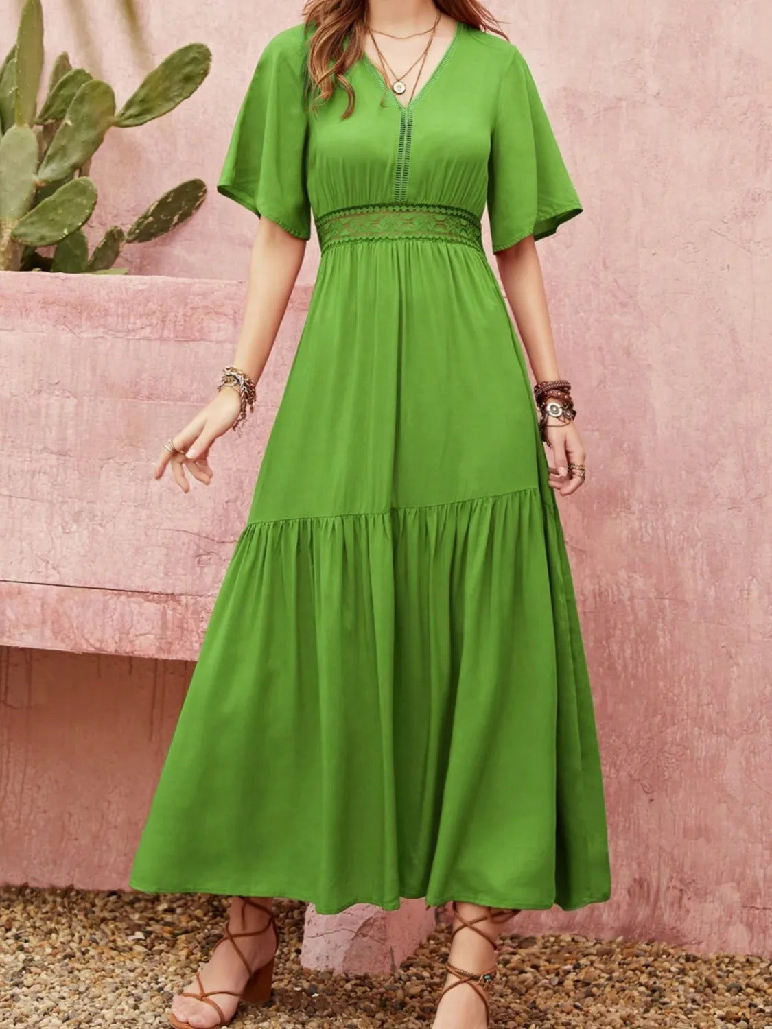 Lace Detail V-Neck Short Sleeve Dress - alternate view 4