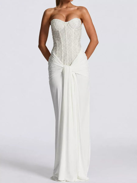Elegant Strapless Sequin Corset Maxi Dress with Draped Waist Detail - alternate view 2