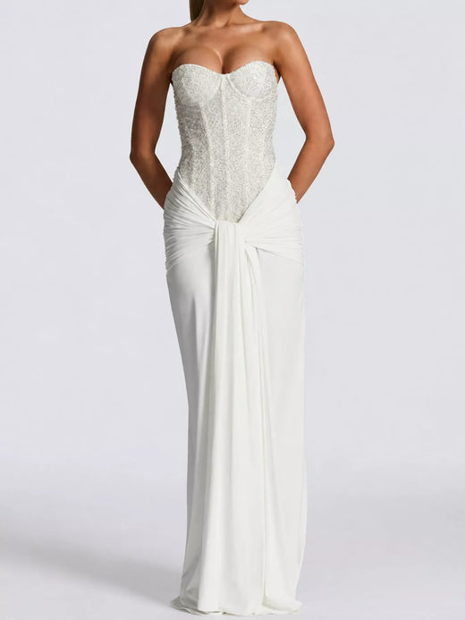 Elegant Strapless Sequin Corset Maxi Dress with Draped Waist Detail - alternate view 2