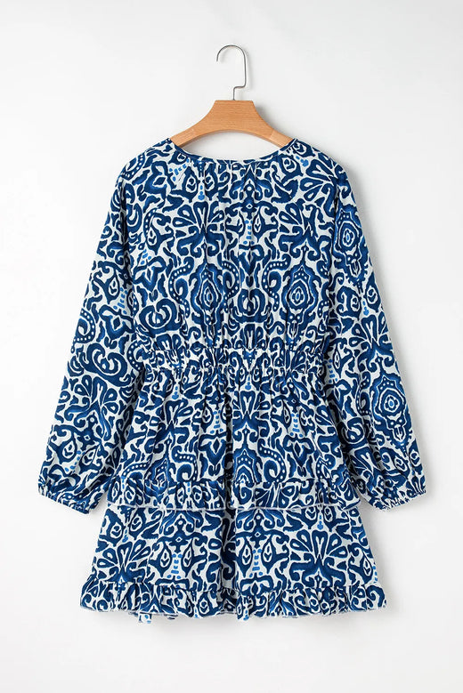 Printed Tie Neck Long Sleeve Dress - alternate view 3
