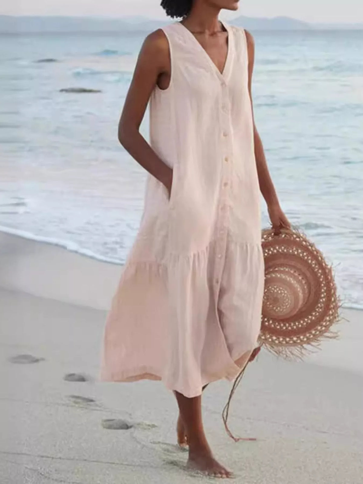 Full Size V-Neck Button Front Sleeveless Midi Dress Plus Size - alternate view 6