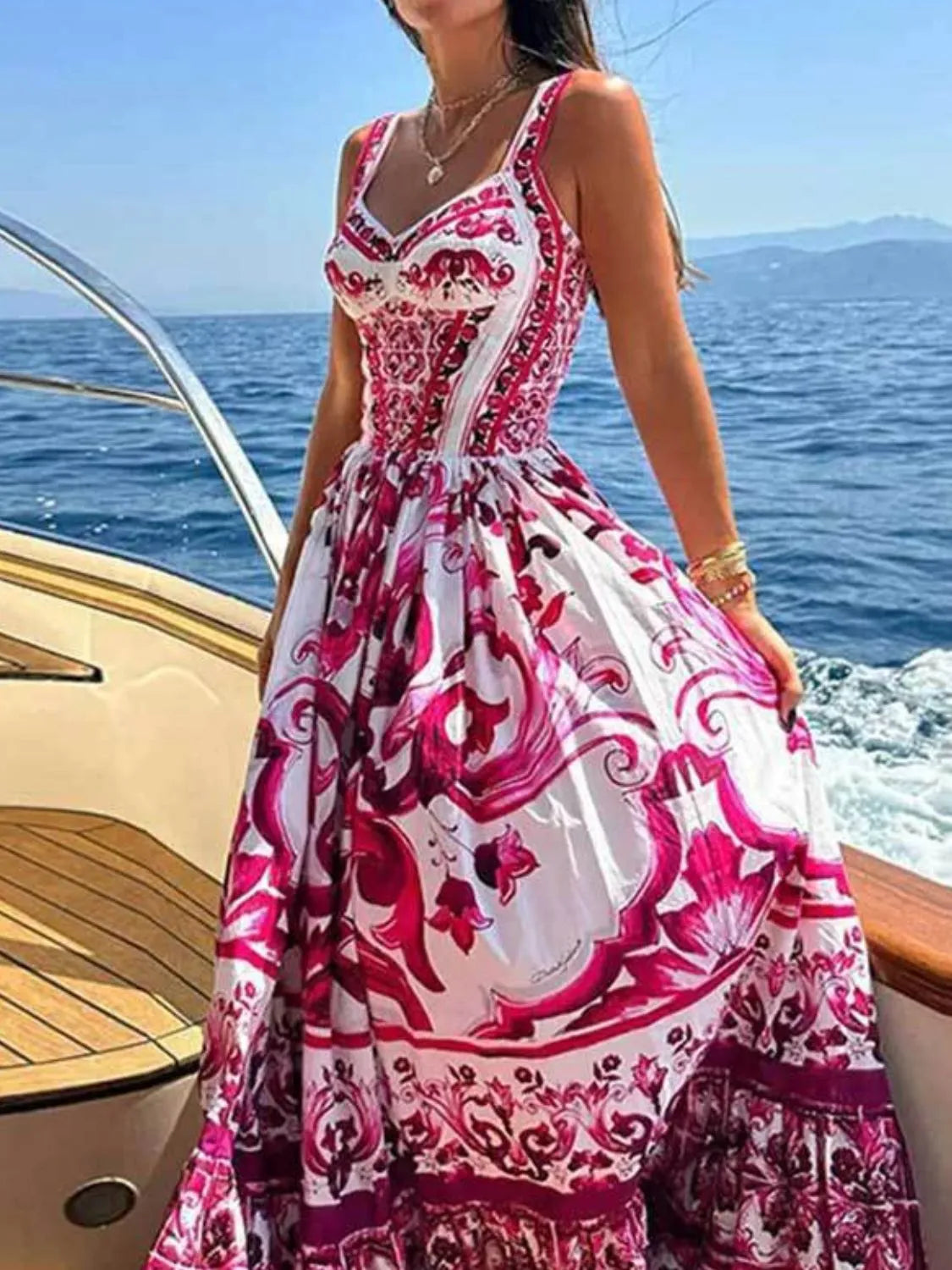 Smocked Printed Wide Strap Dress - alternate view 12
