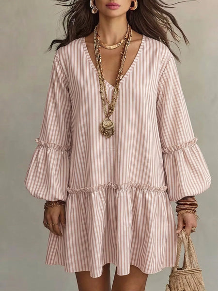 Full Size Striped Balloon Sleeve Mini Dress Plus Size