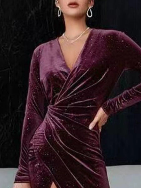 Velvet Ruched Slit Midi Dress - alternate view 14