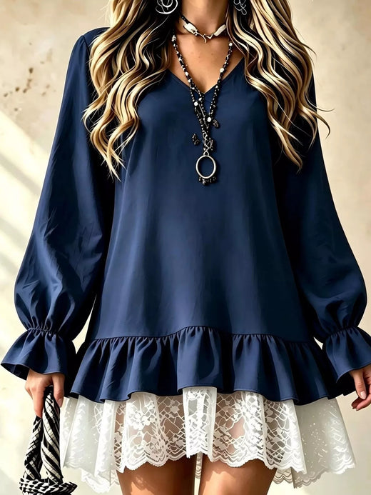V-Neck Long Sleeve Ruffle Hem Lace Trim Mini Dress - alternate view 3
