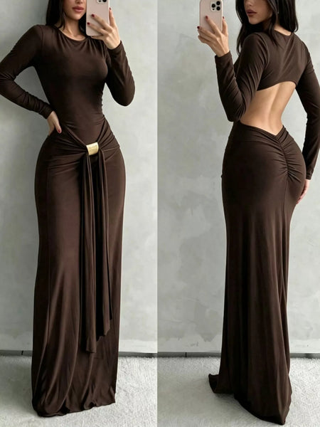 Backless Long-Sleeve Bodycon Maxi Dress with Gold-Tone Waist Buckle - alternate view 5
