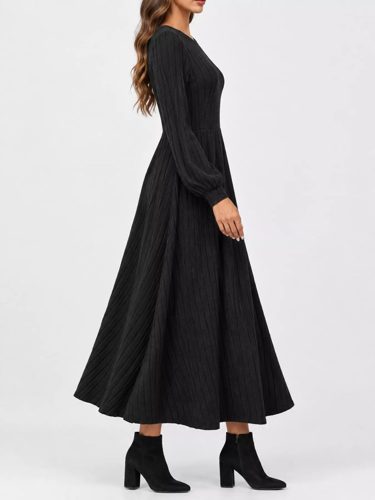 Ribbed Knit Long Sleeve A-Line Midi Dress - alternate view 4