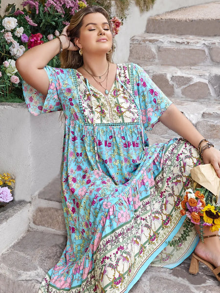 Printed Tie Neck Flutter Sleeve Maxi Dress - alternate view 7