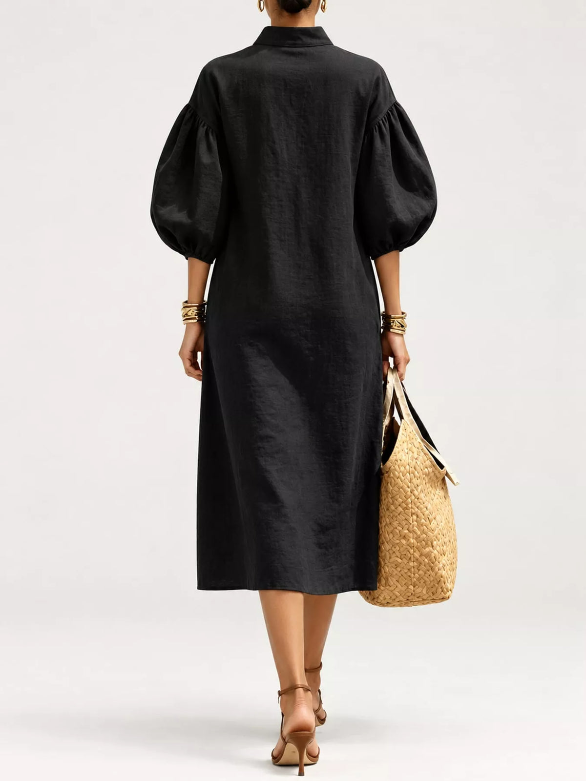 Half-Zip Puff Sleeve Midi Dress - alternate view 16