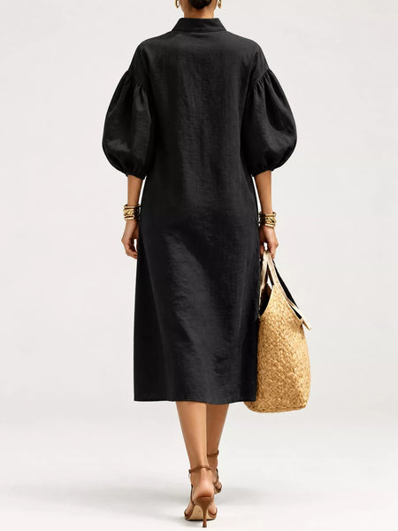 Half-Zip Puff Sleeve Midi Dress - alternate view 16
