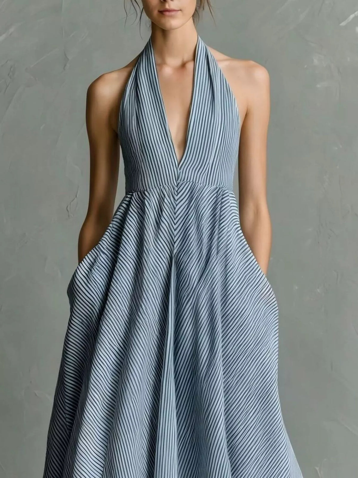 Striped Halter Neck Maxi Dress with Pockets - alternate view 4