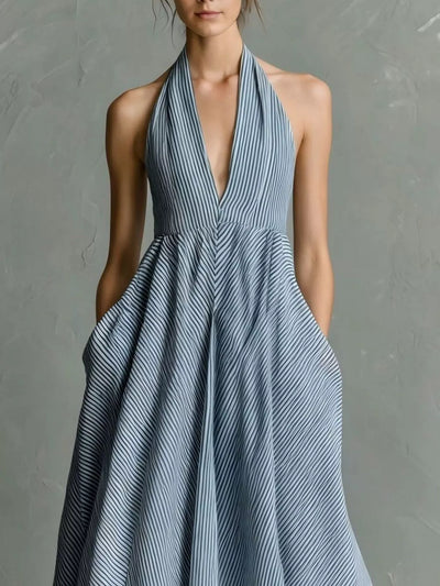 Striped Halter Neck Maxi Dress with Pockets - alternate view 4