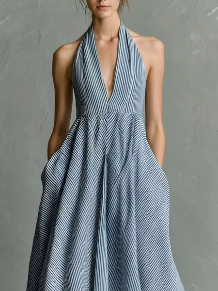 Striped Halter Neck Maxi Dress with Pockets - alternate view 4