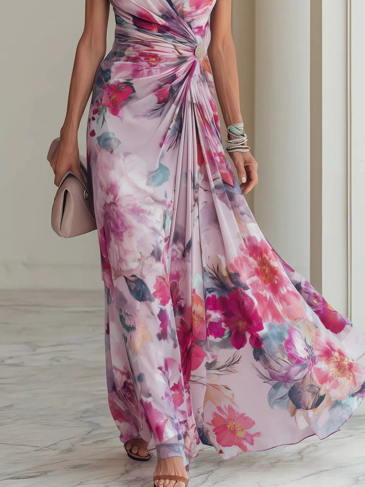 Floral Print Ruched Short Sleeve Maxi Dress - alternate view 2
