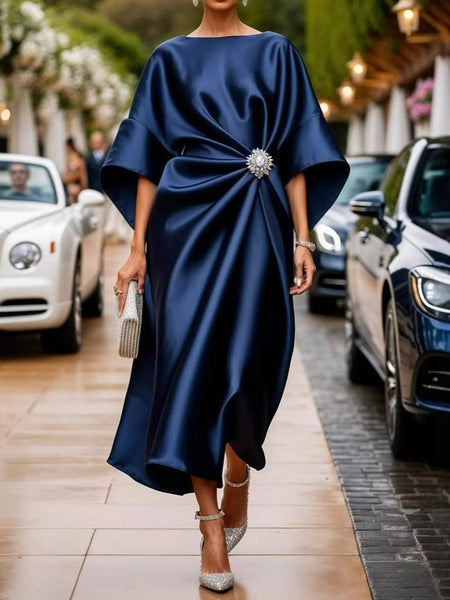 Full Size Satin Draped Evening Dress with Crystal Brooch Plus Size