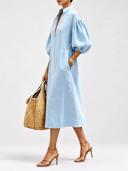 Half-Zip Puff Sleeve Midi Dress - alternate view 2