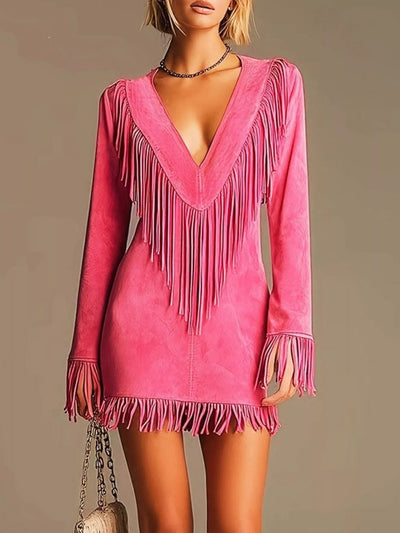 Boho Chic Fringed Suede V-Neck Mini Dress - alternate view 3