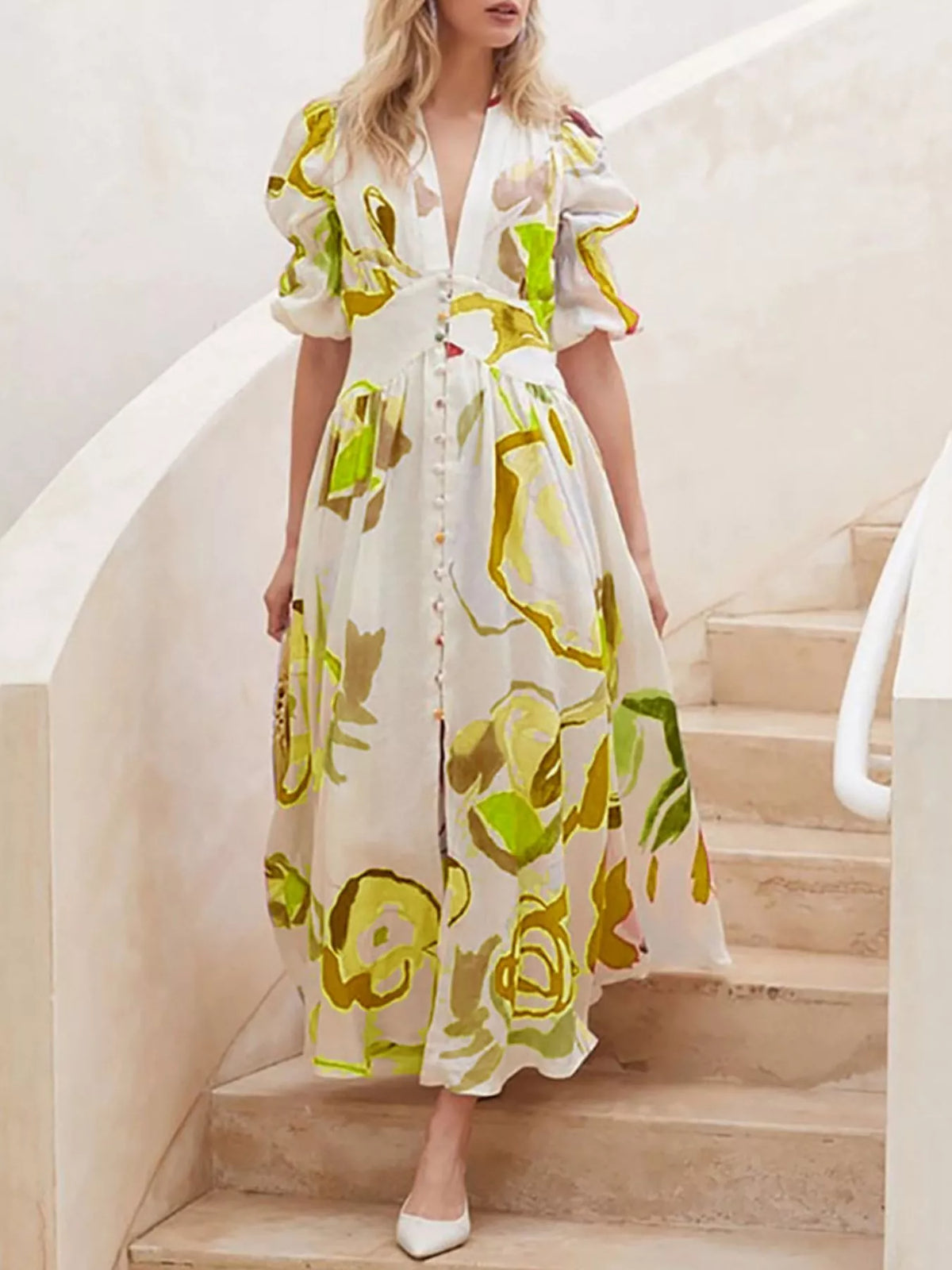 Puff Sleeve Midi Print Dress - alternate view 5