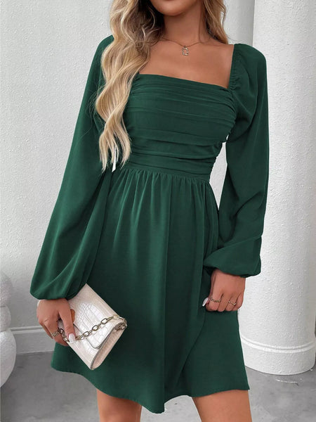 Ruched Square Neck Long Sleeve A-Line Dress - alternate view 2