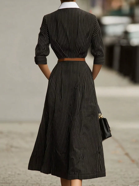 Striped Collared Neck Midi Dress - alternate view 2