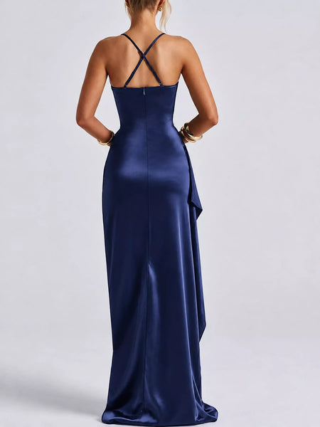 Satin Ruched High-Slit Maxi Dress - alternate view 6