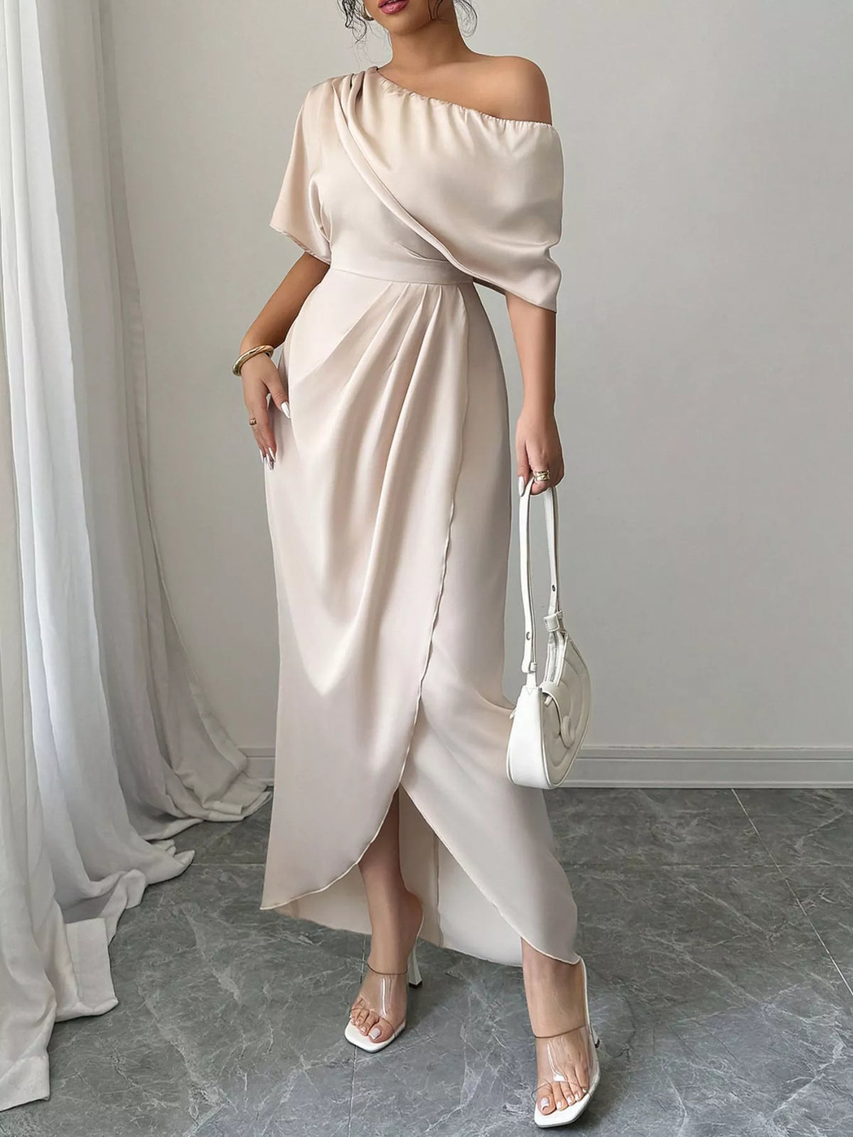 One-Shoulder Satin Maxi Dress - alternate view 3